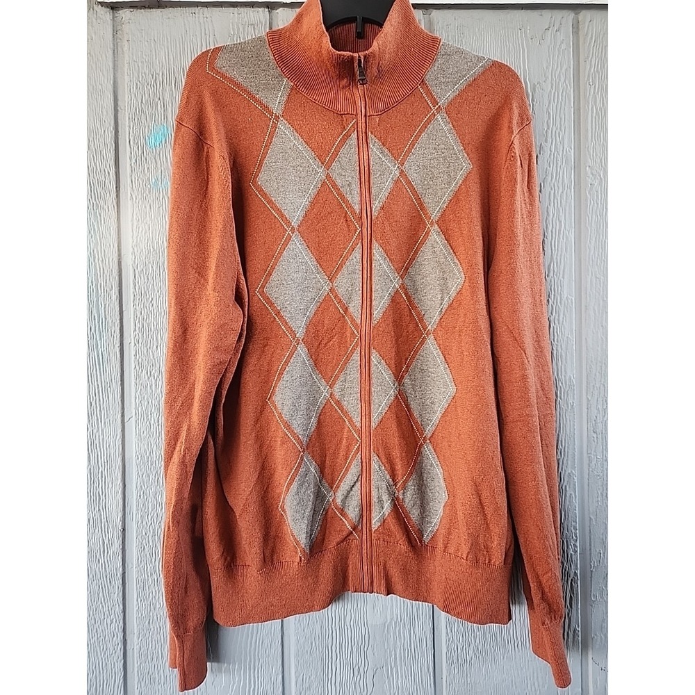 Banana Republic Men Burnt‎ Orange Gray Argyle Zip Up Sweater Sz L Luxury Blend